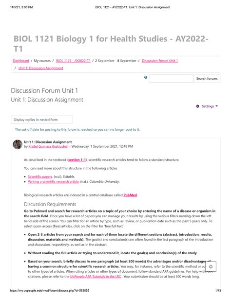 Biol 1121 Ay2022 T1 Unit 1 Discussion Assignment Biol 1121