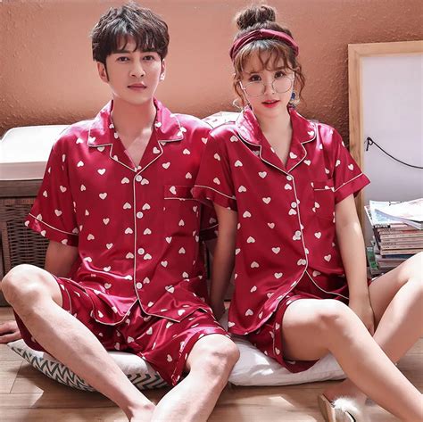Couples Lovers Pajamas Sets Women Short Sleeved Summer Pyjama Loose Men Faux Silk Style Couple