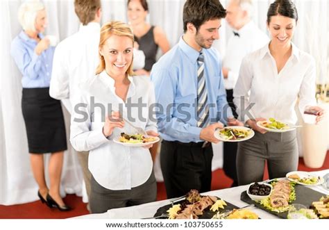 Business Colleagues Serve Themselves Buffet Catering Stock Photo Edit