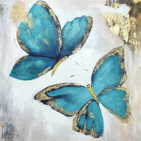 Set Of 3 Wall Art Abstract Floral Butterfly Blue Art Framed Paintings On Canvas Gold Art Heavy