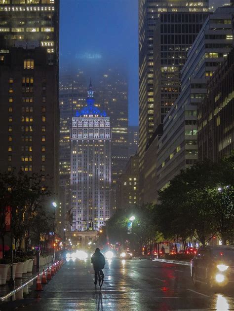 Lone Cyclist On A Rainy Park Avenue In New York By Leslie Brienza