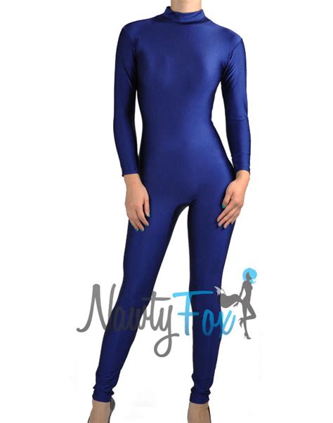 Shiny Spandex Navy Blue Mock Neck Long Sleeve Unitard Bodysuit Costume