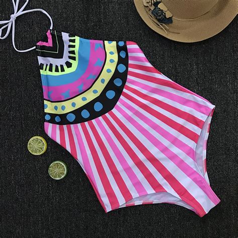 Women Sexy Halter Sleeveless Swimsuit Bikini Set Swimwear Push Up Padded Stripe Print Bra