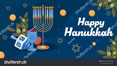 Vector Happy Hanukkah Horizontal Banner Illustration Stock Vector