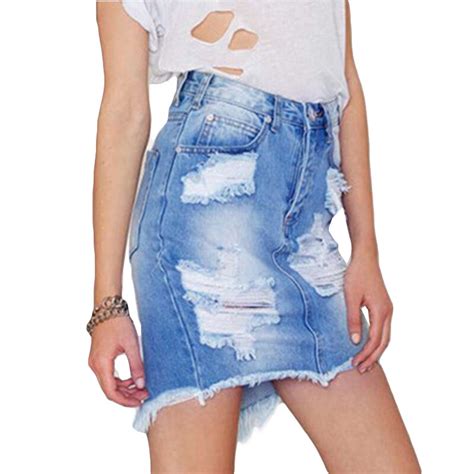 Summer Fashion Faded Blue Denim Skirt Ripped Fringe Jean Skirt With