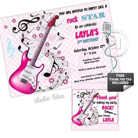 Custom Rock Star Birthday Party Invitation With Free Matching Thank You