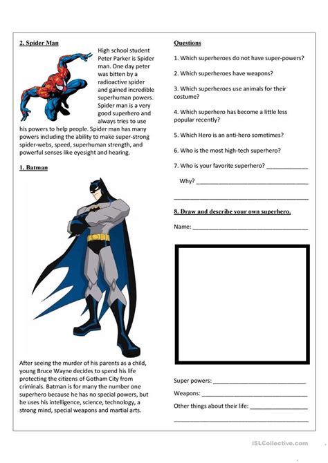 Top 10 Superheroes Reading Comprehension Exercises Writing Creative W