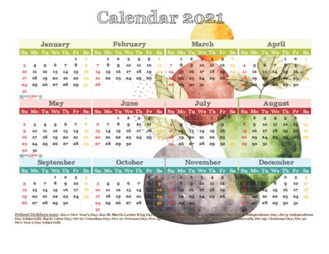 Free Printable 2021 Yearly Calendar With Holidays Watercolor