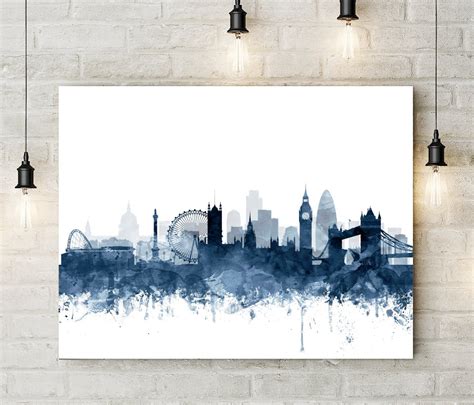 London Skyline Print London Watercolor Navy Blue White Etsy Uk