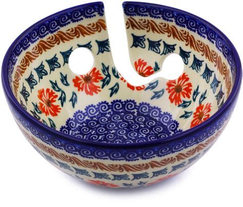 Polish Pottery 6 Inch Yarn Bowl Red Cornflower Theme Hand Painted In
