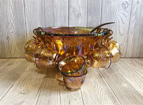 Vintage Iridescent Gold Carnival Glass Punch Bowl Set By Etsy In 2021 Carnival Glass Vintage