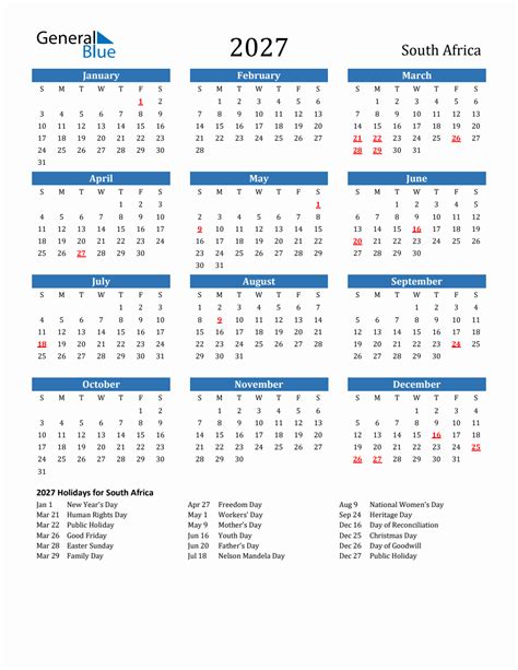 2027 South Africa Calendar With Holidays