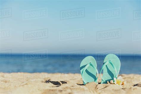 Flip Flops Stuck In The Sand On A Sandy Beach By The Sea Or Ocean