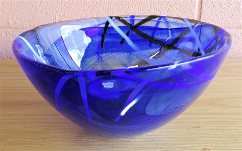Blue Kosta Boda Luxury Glass Bowl W Ribbon Pattern Oahu Auctions