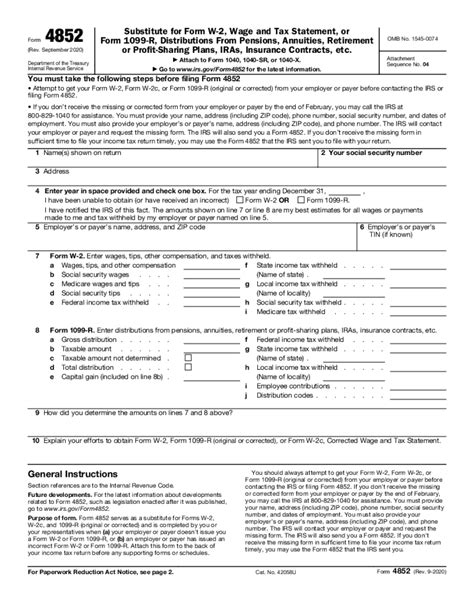 Irs Form 4852 Fillable Printable Forms Free Online