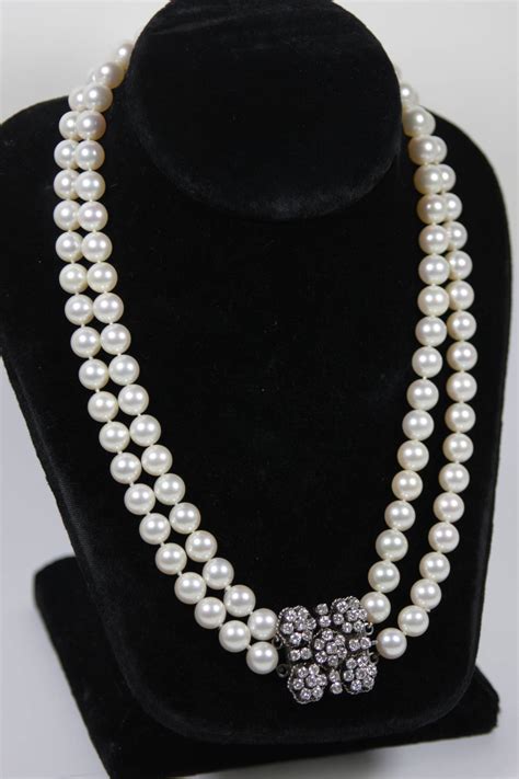 Akoya Cultured Pearl Long Double Strand Necklace With Diamond Clasp At 1stdibs