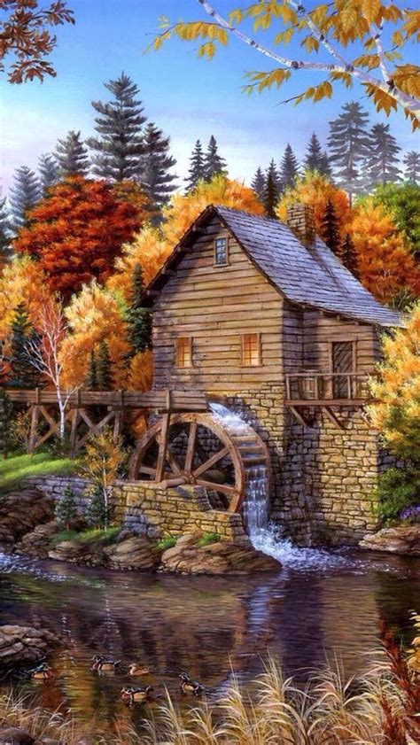 Water Mill Painting Landscape Paintings Scenery Landscape Art