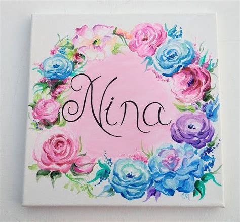Floral Name Sign On Canvas Nursery Floral Name Sign Painting Canvas