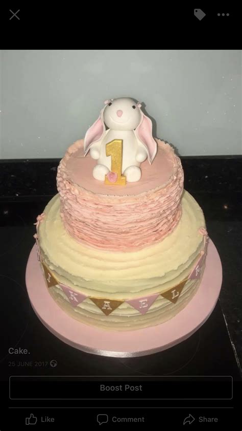 1st Birthday Cake 2 Tier Buttercream Finish With A Bunny Cake Topper