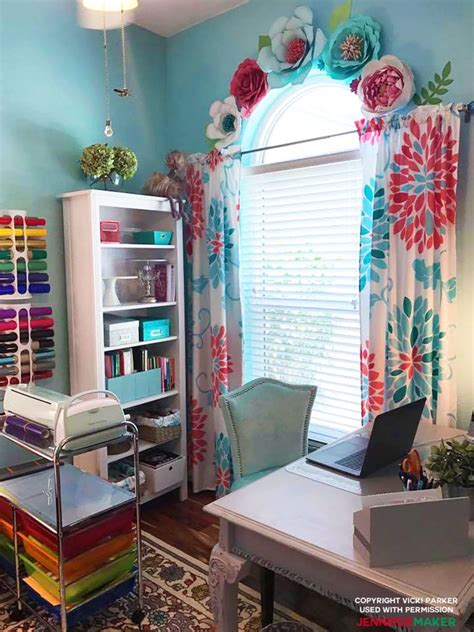 Large open windows for artist wall of shelving for books and room for containers used fir storage with ladder to travel. Craft Room Paint Colors & Ideas - Jennifer Maker | Room ...