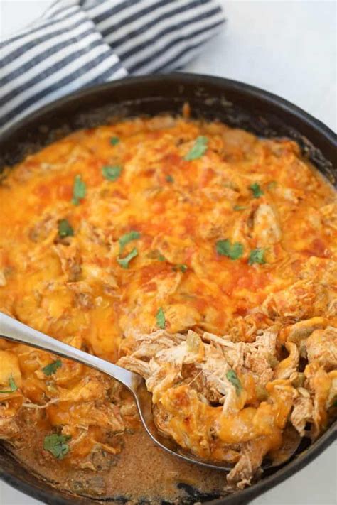 In a large saucepan over medium heat, add the butter, cream cheese, heavy cream, 2 cups of monterey jack cheese, diced green chilies, and chicken broth. Sour Cream Chicken Enchilada Casserole (Keto, GF) | Recipe ...