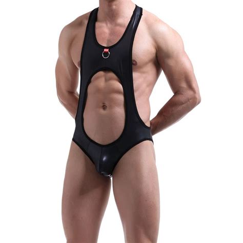 2021 Mens Pu Leather Bodysuit Open Back Strecth One Piece Sexy Guy Underwear Jockstrap Wrestling