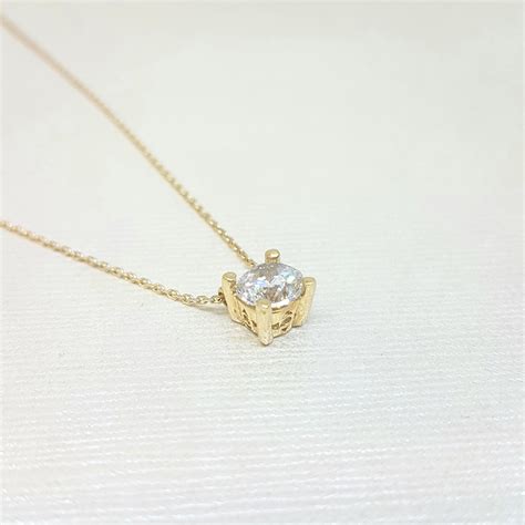 Solitaire Pendant Necklace K Real Solid Yellow Gold With Cubic Zirconia Round Cut For Women