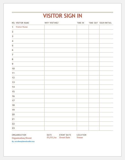 Visitor Printable Sign In Sign Out Sheet