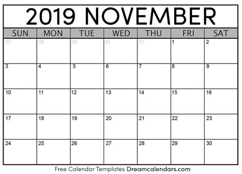 November 2019 Calendar Free Blank Printable With Holidays