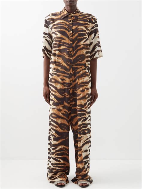 Brown Tiger Print Silk Wide Leg Jumpsuit Raey Matches Uk