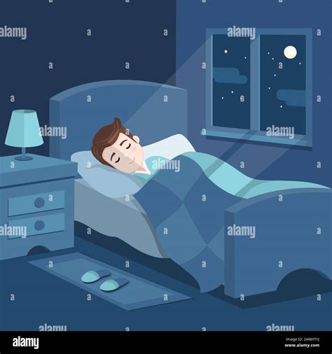 Cute Boy Sleeping In Bed Bedroom With A Window At Night Sweet Dreams