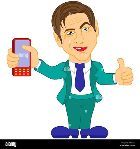 Smiled Gentleman In Turquoise Suit Holds The Mobile Phone Color