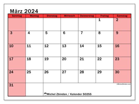 Kalender März 2024 Wirtschaftlich Rot Ss Michel Zbinden Lu