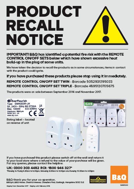 Product Recall Notice Remote Control Onoff Sets Bandq Bpha