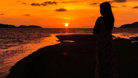 Alone Girlalone Girl Watching Sunset Sea Stock Footage Video 100