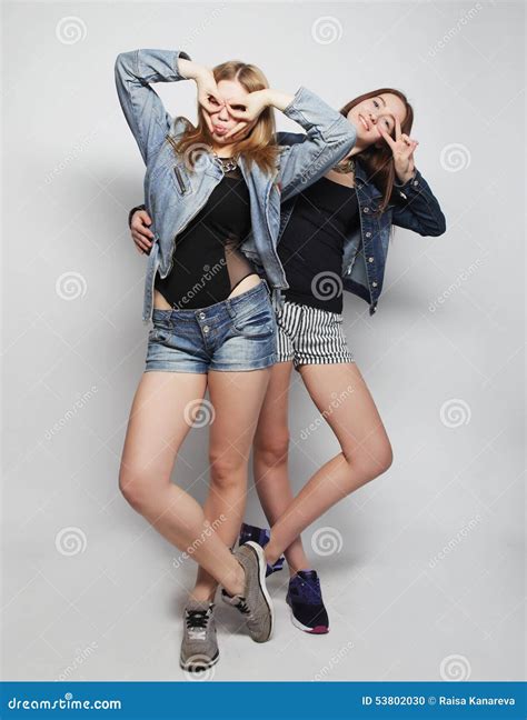 Two Young Girl Friends Having Fun Together Stock Photo Image Of City