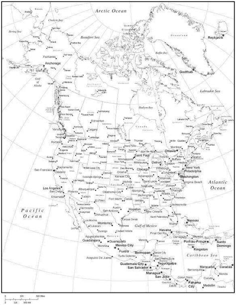 Black And White North America Map With States Provinces And Major Cities