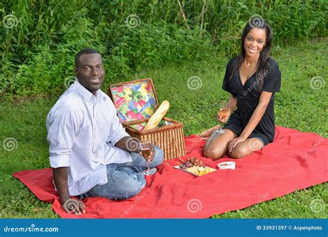 Couples Adorables Dafro Américain Sur Le Pique Nique Photographie Stock Libre De Droits Image