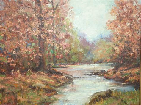 Vintage Oil On Canvas Painting Picture Of A River And Trees By H Ritchie