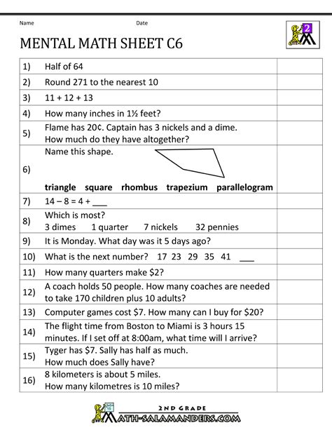 Mental Math Worksheets Cfc