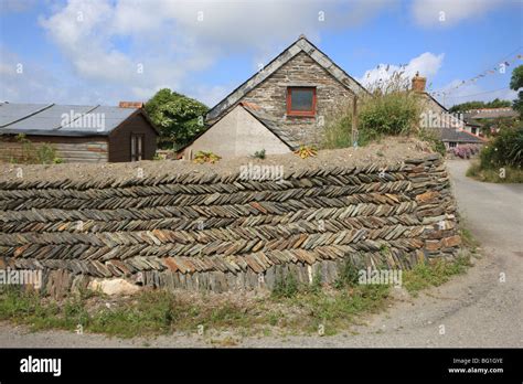 Herringbone Patterned Cornish Hedge From Local Stone Walls In Cornwall