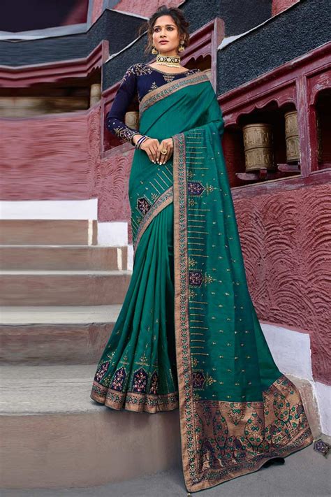 Buy Peacock Green Raw Silk Saree With Banglori Silk Blouse Online Sarv02533 Andaaz Fashion