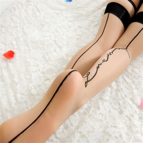 Womens Girls Fashion Black Skin Letter Back Print Sexy Stockings Over