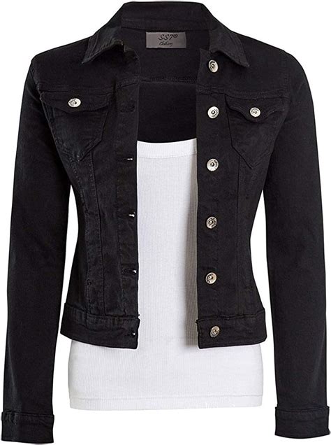 Womens Fitted Denim Jacket Ladies Stretch Black Grey Jean Jackets Size