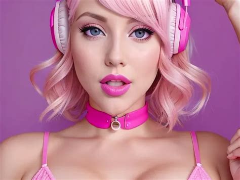 Dopamine Girl Bimbo Caucasian Blonde Hair Late Twenties Pink Headphones Head Facing