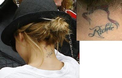 Nicole richie has a tattoo on the back of her neck of a red bow and her last name richie. Nicole Richie Tattoos