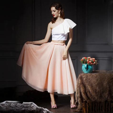Chic Blush Peach Pink Chiffon And Satin Pleated Women Skirt Custom Made Zipper Waistline Vintage