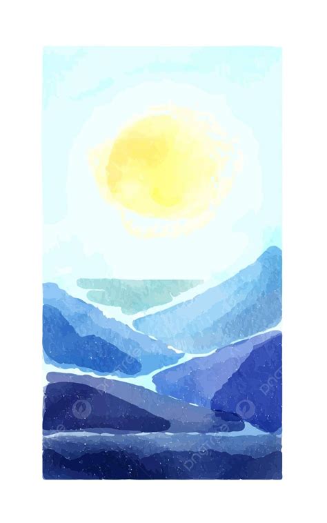 Pemandangan Lanskap Cat Air Di Pegunungan Biru Matahari Sketsa Lukisan