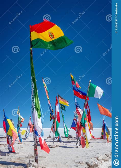 Colorful Flags From All Over The World At Uyuni Salt Flats Bolivia