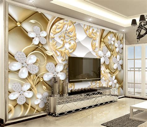 White Pearls And Diamonds On Gold Pattern Background 3d 5d 8d Wall